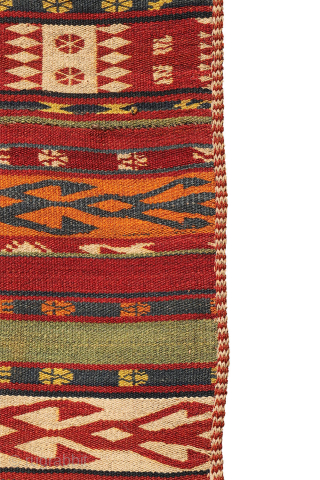 A collectable antique Uzbek gudjeri (gadjeri or Ghudjeri) kilim woven with extremely finely spun wool. This gadjeri kilim is representative of the very fine detail and wide range of colours used by ...