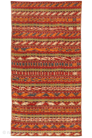 A collectable antique Uzbek gudjeri (gadjeri or Ghudjeri) kilim woven with extremely finely spun wool. This gadjeri kilim is representative of the very fine detail and wide range of colours used by ...