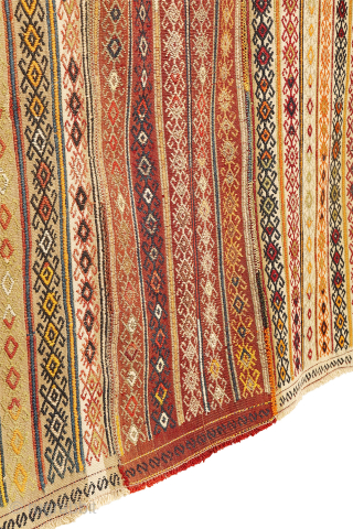 Antique Elbistan Kilim with Pıtrak Motif

This antique kilim from Elbistan was woven by a highly skilled craftswoman using the cicim technique. The wool is exceptionally finely spun, allowing for the creation of  ...