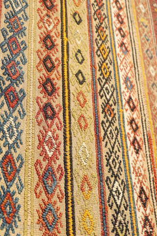 Antique Elbistan Kilim with Pıtrak Motif

This antique kilim from Elbistan was woven by a highly skilled craftswoman using the cicim technique. The wool is exceptionally finely spun, allowing for the creation of  ...