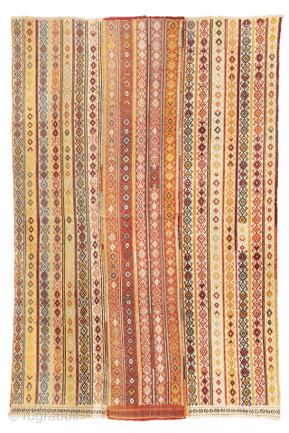Antique Elbistan Kilim with Pıtrak Motif

This antique kilim from Elbistan was woven by a highly skilled craftswoman using the cicim technique. The wool is exceptionally finely spun, allowing for the creation of  ...