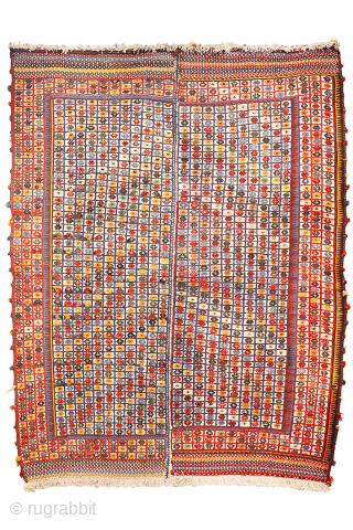 Shiraki Kilim from Southern Iran 

This type of kilim is known locally in southern Iran as a “shiraki”, a word that literally means “needle work” — though, interestingly, it is woven on  ...