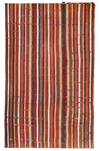 This big Qashqai kilim was woven with finely spun wool, showcasing exceptional craftsmanship. It is a moj (or jajim), a traditional kilim typically used to cover rugs and other textiles. However, this  ...
