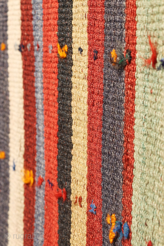 This big Qashqai kilim was woven with finely spun wool, showcasing exceptional craftsmanship. It is a moj (or jajim), a traditional kilim typically used to cover rugs and other textiles. However, this  ...