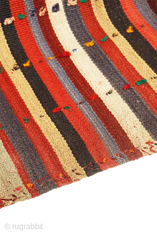 This big Qashqai kilim was woven with finely spun wool, showcasing exceptional craftsmanship. It is a moj (or jajim), a traditional kilim typically used to cover rugs and other textiles. However, this  ...