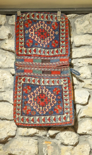 This Luri saddlebag has been woven with the knotted technique at the front and with kilim for the back. All dyes are natural (with a beautiful  blue and green) and the  ...