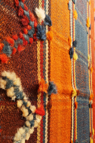 A very finelly woven qashqai moj or jajim, woven entirely with natural dyes. As can be seen the weaver had access only to a small loom and therefore she had to weave  ...
