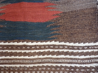 Karkas mountains soffreh, Iran, 93x80cms, undyed wool background with abrashes in shades of brown, cream and grey, with artistic central motif in blue-green and terracotta,excellent condition with original fringes and selveges, no  ...