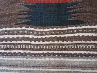 Karkas mountains soffreh, Iran, 93x80cms, undyed wool background with abrashes in shades of brown, cream and grey, with artistic central motif in blue-green and terracotta,excellent condition with original fringes and selveges, no  ...