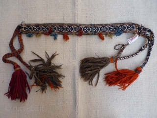 Qashqai Kashkuli horse neck band, 54x5cms, excellent condition, intact original band from about 1920, natural colours, with additional plaited tassles (blue and orange) added at a later date to looped strands at  ...