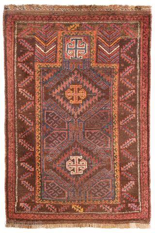 An antique Baluch prayer rug from Afghanistan, featuring an elegant, dark palette of natural dyes, including a deep indigo blue. The field contains two medallions, whose distinctive cross-shaped interior motif is echoed ...