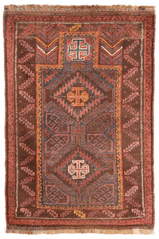 An antique Baluch prayer rug from Afghanistan, featuring an elegant, dark palette of natural dyes, including a deep indigo blue. The field contains two medallions, whose distinctive cross-shaped interior motif is echoed ...