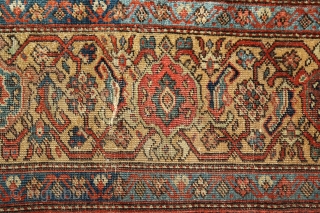 An unusual wide yellow border antique malayer rug from around 1870. One small low pile area where the warp and weft are exposed. Otherwise with low pile worn evenly. All natural dyes  ...