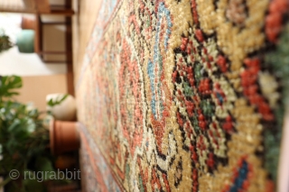 An unusual wide yellow border antique malayer rug from around 1870. One small low pile area where the warp and weft are exposed. Otherwise with low pile worn evenly. All natural dyes  ...