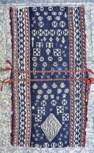 The weaver of this saddlebag from the Qashqai nomads from South West Iran, was very creative when designing the saddlebag. Natural dyes, some stains and repairs. 93x53 cms. (AT1705171)

Please get in touch  ...