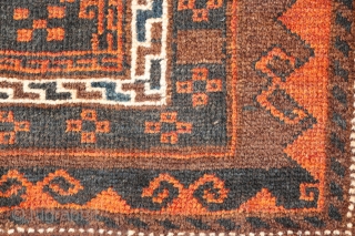 Baluch prayer rug from South West Afghanistan, with an unusually wide border. It is finished off with two large kilim skirt ends. All the dyes are natural, with a lovely blue colour,  ...