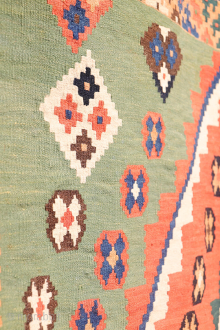 Antique Qashqai Kilim with and Unusual Green Palette

This antique Qashqai kilim follows traditional tribal patterns—but with a distinctive twist. While it retains the classic diamond medallion structure typical of Qashqai weaving, what  ...