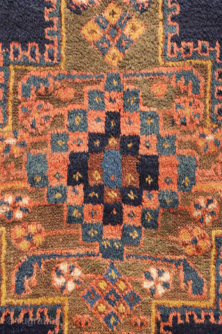 
The deep indigo-blue field provides the perfect backdrop for the four medallions, woven in soft pastel colours that contrast beautifully with the dark ground. Although the medallions are drawn in a highly  ...