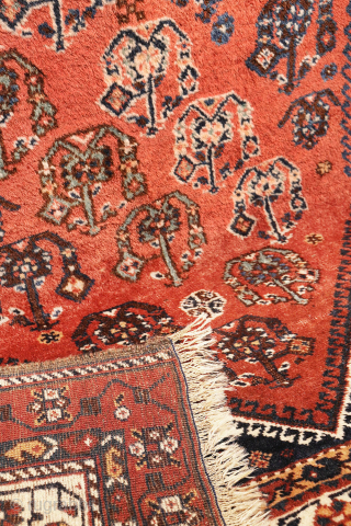 A lovely antique Luri rug with a field filled with elegantly rendered palmettes, arranged diagonally by colour. The spaces left between the main motifs are enriched with scattered decorative elements.. The navy ...