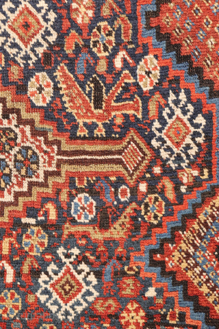 An antique Khamseh rug featuring three large medallions arranged horizontally, extending almost to the rug’s borders. The deep navy-blue field is richly decorated with birds, botehs, S-shaped motifs, and delicate vegetal elements.

The  ...
