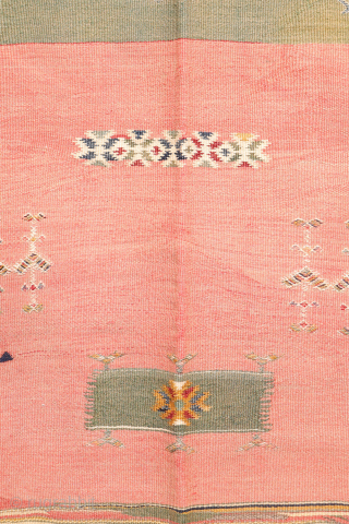 This antique Balikesir kilim features a rare and distinctive design, reminiscent of some early 1800s Balikesir Yuncu kilims. The central field is adorned with enigmatic motifs, seemingly depicting small, intricate rugs. The  ...