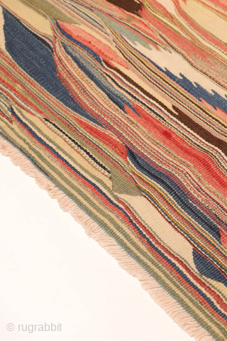 This antique Balikesir kilim features a rare and distinctive design, reminiscent of some early 1800s Balikesir Yuncu kilims. The central field is adorned with enigmatic motifs, seemingly depicting small, intricate rugs. The  ...