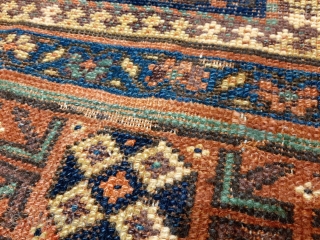 Restoration project! Attractive Kordi rug from 2nd half 19th c. Great design and colours, missing knots and missing side binding, one area of old repair (see photo) but otherwise original and intact. 