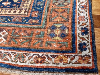 Restoration project! Attractive Kordi rug from 2nd half 19th c. Great design and colours, missing knots and missing side binding, one area of old repair (see photo) but otherwise original and intact. 