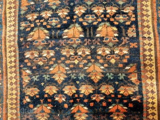 Restoration project! Attractive Kordi rug from 2nd half 19th c. Great design and colours, missing knots and missing side binding, one area of old repair (see photo) but otherwise original and intact. 