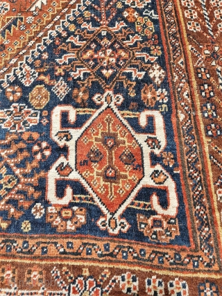 Collection piece, antique Qashqai rug, 250x157cms, soft natural colours, wonderful intricate design and excellent original condition with full even pile, sourced on our last trip to Iran, bought from a private individual  ...