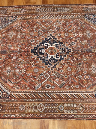 Collection piece, antique Qashqai rug, 250x157cms, soft natural colours, wonderful intricate design and excellent original condition with full even pile, sourced on our last trip to Iran, bought from a private individual  ...