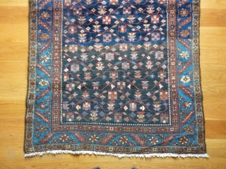 New arrival from North West Iran, Kurdish rug, 185x110cms, soft wool,long pile, beautiful turquoise and indigo blues, nice abrash through the carpet overlaid with finely drawn design, excellent intact condition, begining of  ...