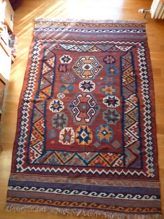 New importation from s.w. Iran Baseri kilim, 231x161cms, end of 19th century, all natural colours with a nice harmony and a lovely turquoise blue, spontaneous improvised composition, excellent condition with one or  ...