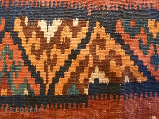 New importation from s.w. Iran Baseri kilim, 231x161cms, end of 19th century, all natural colours with a nice harmony and a lovely turquoise blue, spontaneous improvised composition, excellent condition with one or  ...