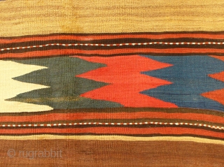 North West Iran or South Caucasian kilim.
19th century kilim tightly woven with shiny wool and in mint condition. Nice details highlighting the kilim side edges.
252x158cms
        