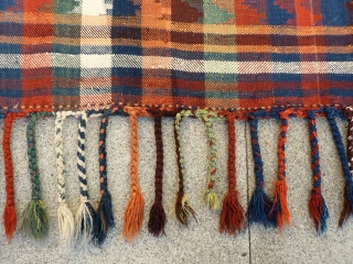 Large moj, all good colours, quite thick and heavy for a moj (feels more like a kilim). No repairs, stains or signs of wear. Plaited at one end and looped at the  ...