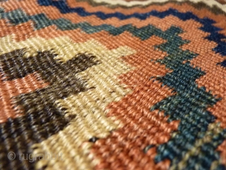 Rare Luri kilim (the lost cousin of a Tartari weaving), very good range of colours and abrashes. Strong kilm in perfect condition with shinny wool and original fringes. Good square size (228x161cms). 