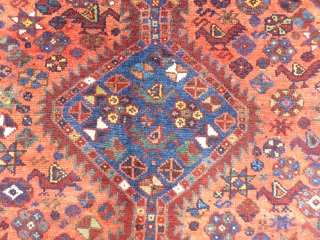 Superb Persian Arabic rug. Great range of colours including terracota, emerald green, pistachio green and yellow. Soft shinny wool, very good condition including colourful side cords. 202x155 cms.     