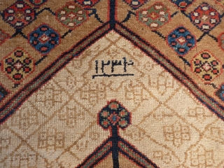 Earliest dated Sarab runner we have seen (A.H 1234=1818). Camel wool, end border missing, one area with no pile but structurally intact (see photos), no holes. The rest of the carpet has  ...