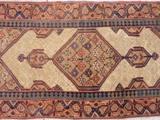 Earliest dated Sarab runner we have seen (A.H 1234=1818). Camel wool, end border missing, one area with no pile but structurally intact (see photos), no holes. The rest of the carpet has  ...