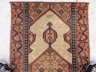 Earliest dated Sarab runner we have seen (A.H 1234=1818). Camel wool, end border missing, one area with no pile but structurally intact (see photos), no holes. The rest of the carpet has  ...