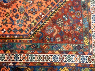 A rug woven by Arab groups in the south of Iran. All the dyes are natural and the dyer has achieved a fantastic range of colours including mustard, terracotta and emerald green.  ...