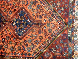 A rug woven by Arab groups in the south of Iran. All the dyes are natural and the dyer has achieved a fantastic range of colours including mustard, terracotta and emerald green.  ...