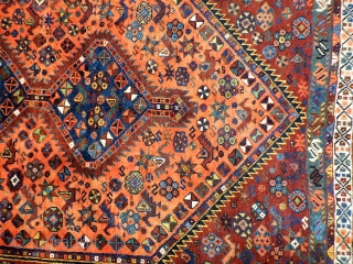 A rug woven by Arab groups in the south of Iran. All the dyes are natural and the dyer has achieved a fantastic range of colours including mustard, terracotta and emerald green.  ...