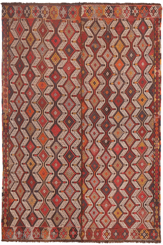 An Adana kilim with a distinct tribal character.
This Adana kilim is woven on an undyed brown wool background and decorated using the cicim technique. While the weaver created a repetitive pattern, she ...