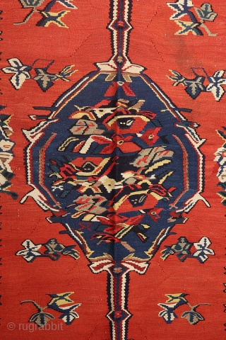 Antique kilim from Senneh, Iran. This kilim woven by Kurdish people of Sanandaj is very finelly woven and using only natural dyes. The curvilinear floral motifs are typical of this area.You can  ...