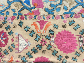 Suzani fragment. Silk on cotton. Early 19th. century. Cm. 80 x 80. Very rare design.                  