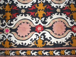 Suzani cod. 0052. Cotton embroidery on cotton. Uzbekistan. Fisrt half 20th. century. Size cm. 200 x 230 (79" x 91"). Very good condition. Backed with a white cotton textile.    
