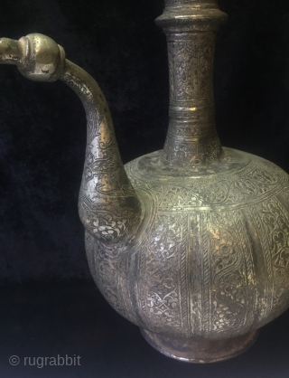 A rare circa 18th c Afghanistan brass ewer. Complete handcrafted 
And very finely hand carved. Height 16 inches               