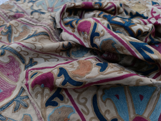 Antique Suzani textile from the 18th century.
A fragment or nearly complete textile. Silk embroidery.
A rare and high quality.
Size 67 × 29 inches 
For details please contact @ nooristanartgallery@yahoo.com     